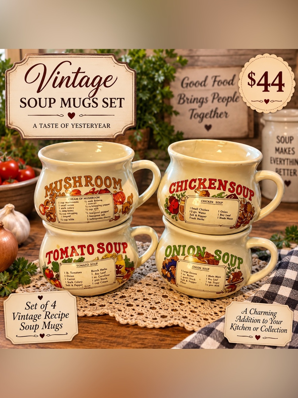 Vintage Soup Mugs Set - Multicolor - Picture 2 of 2